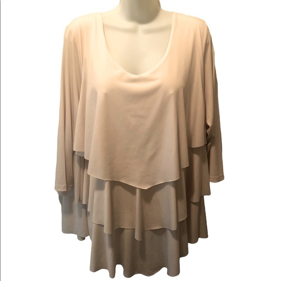 Susan Graver Liquid Knit Tiered Dressy Top 3/4 Ivory V Neck Size 1X Business - Picture 1 of 5